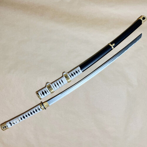 竹光模造刀 白糸太刀拵え 足金物（金）小さい鍔 食み出し鍔・本格竹光仕様